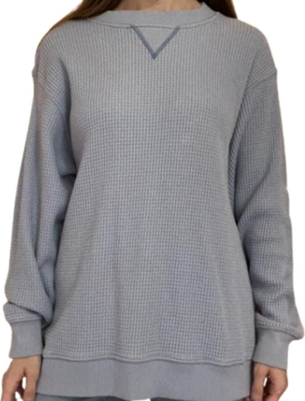 Aerie Waffle Thermal Long Sleeve Knit Pullover Crew Neck Oversized Blue Medium